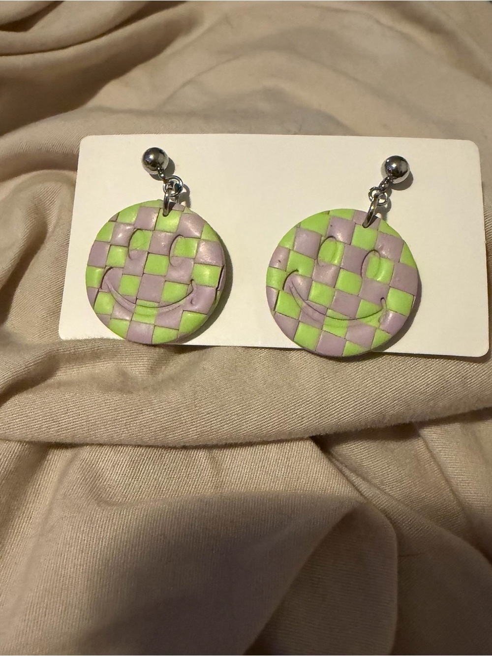 Green and Lavender Checkerboard Smiley Earrings
